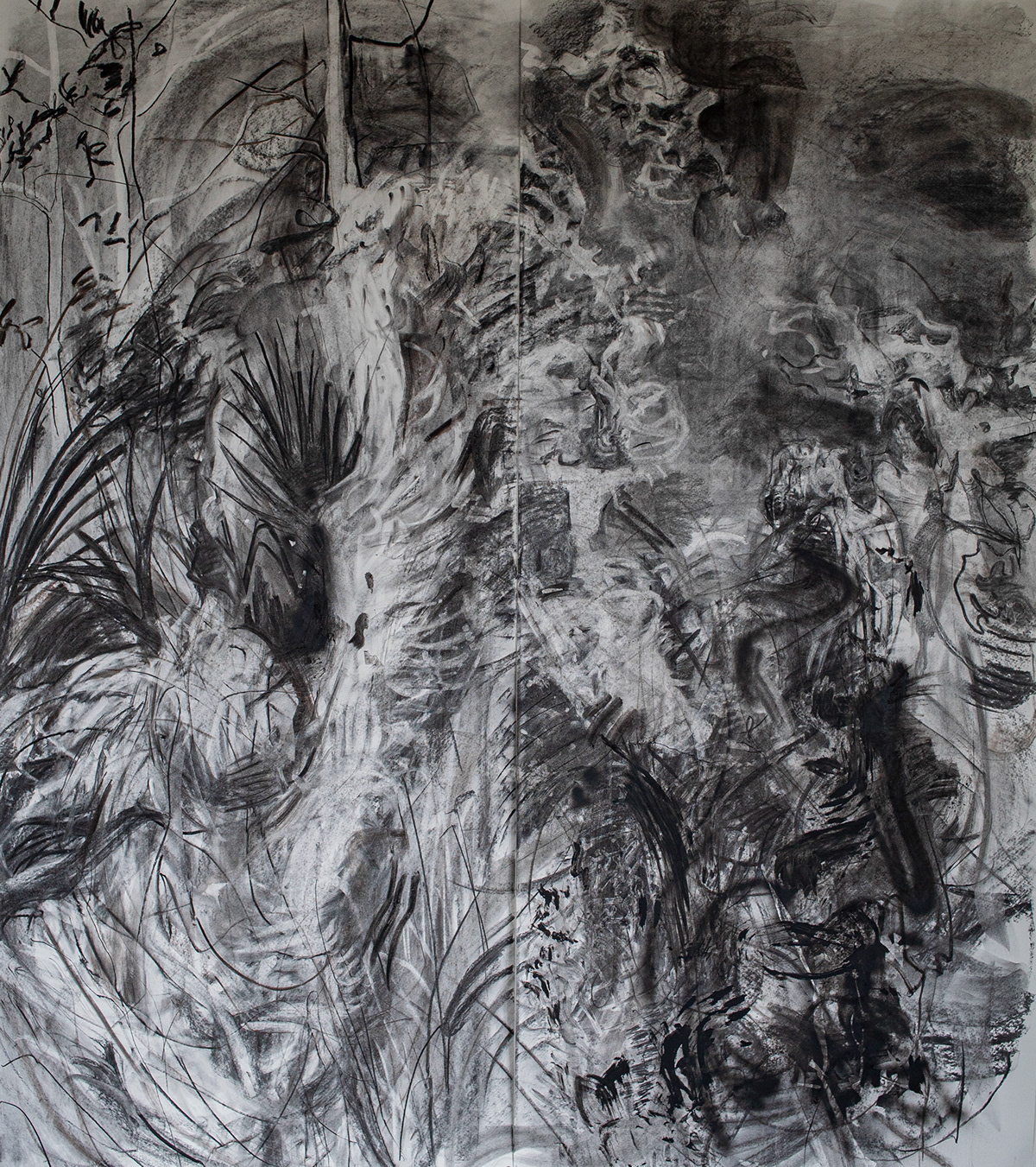 A large-scale charcoal drawing by Rachel Gray of a forest fire in the Everglades.