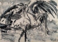 black and white monoprint of a wood stork opening its wings with a subtle blue textured background