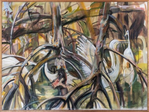 Mangroves and Herons original painting by Rachel Gray with cherry frame.
