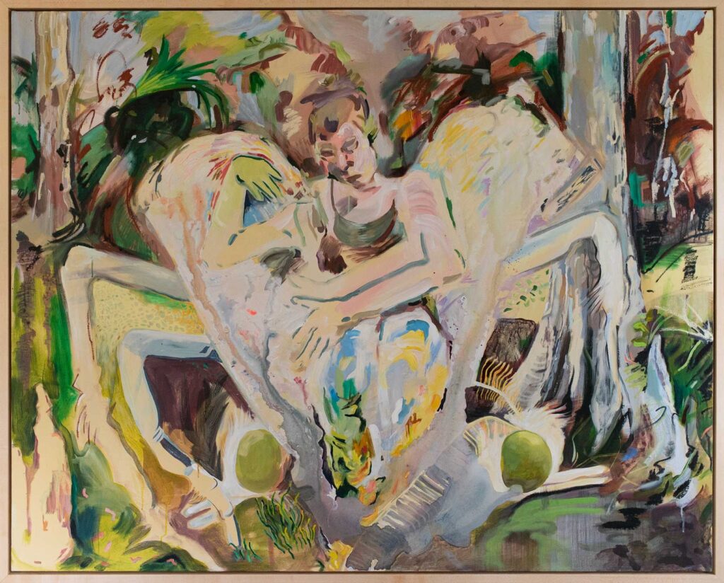 Original, large-scale painting by Rachel Gray, titled "There Are Millions of Wings Underground", with framed in a maple floating frame.