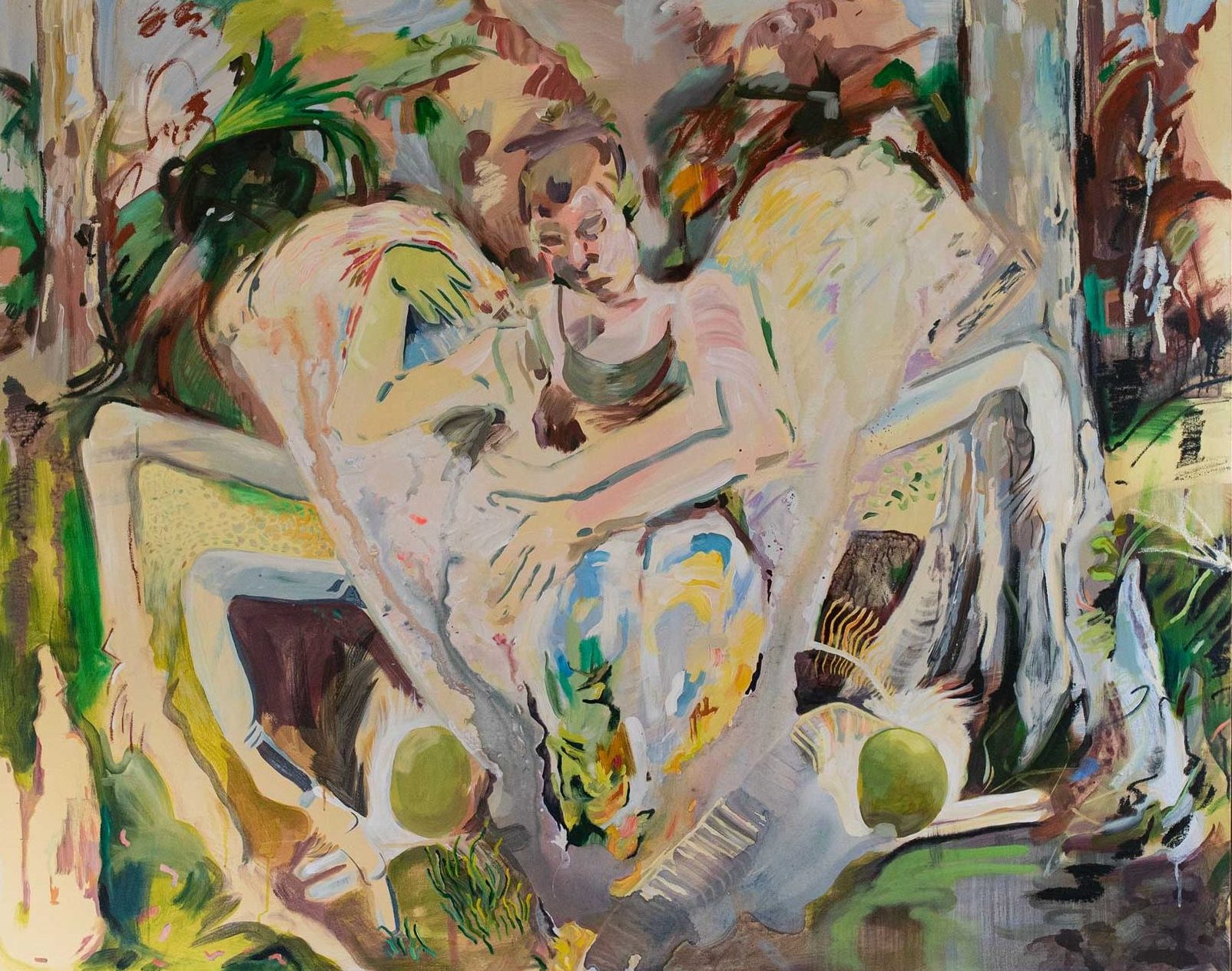 Original, large-scale painting by Rachel Gray, titled "There Are Millions of Wings Underground", with framed in a maple floating frame.