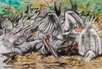 Painting of a group of pelicans fishing as a group in pond surrounded by other birds, insects and fish.
