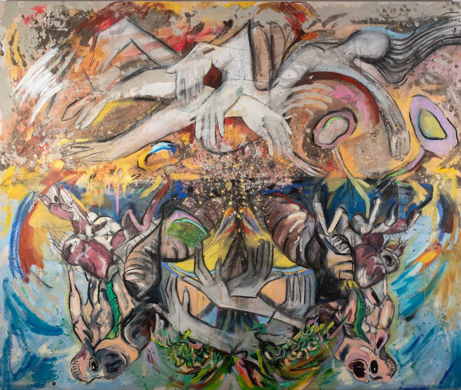 17 Years Underground 1 Week on the Surface (2024) | Acrylic, oil, charcoal, chalk pastel, clay on canvas | 52" x 62"
